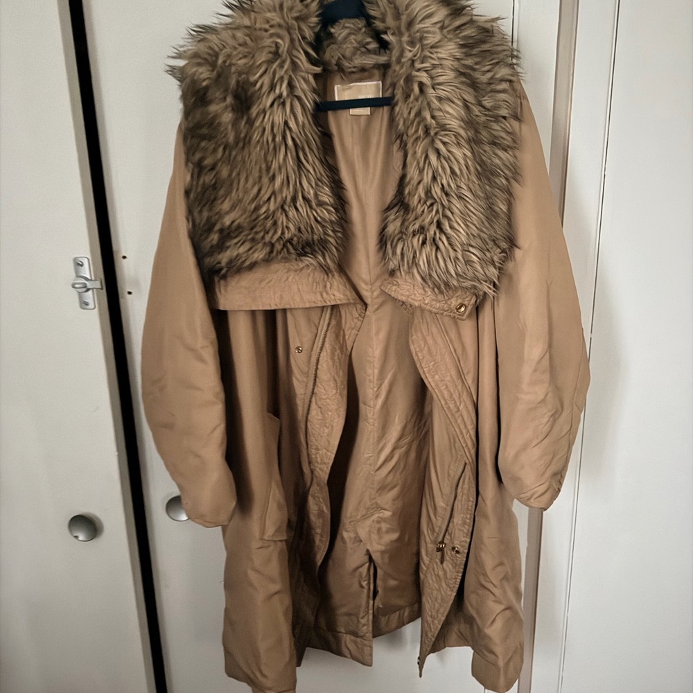Michael Kors Camel Trench Coat with Faux Fur Collar